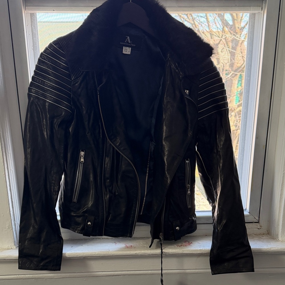 Aldo Leather Black Moto Jacket with Faux Fur Collar
